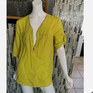 Ellen Tracy Company 100% Linen Roll Tab Zipper Top Yellow Size XL